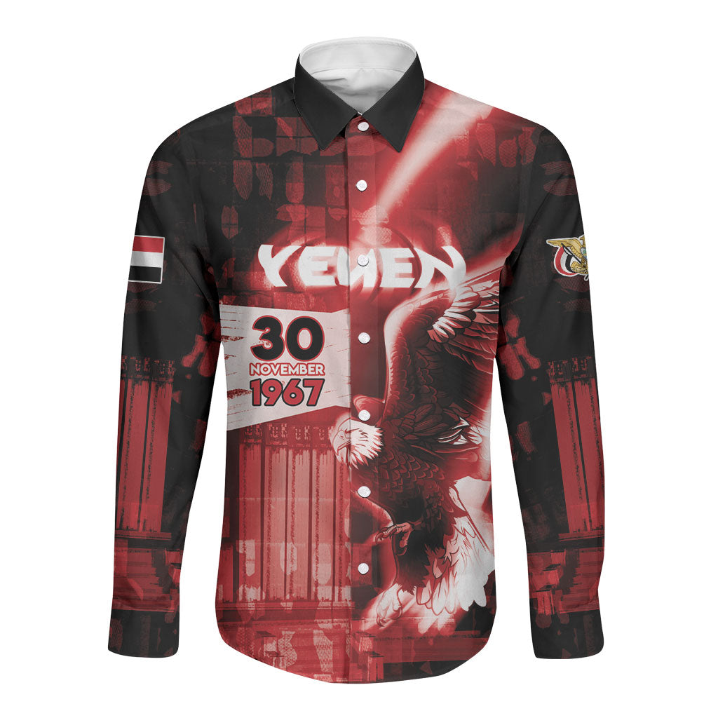 Personalized Yemen Independence Day Long Sleeve Button Shirt Soaring Eagle 1967 Crimson Grunge