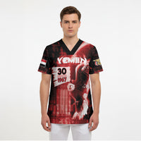 Personalized Yemen Independence Day Scrub Top Soaring Eagle 1967 Crimson Grunge
