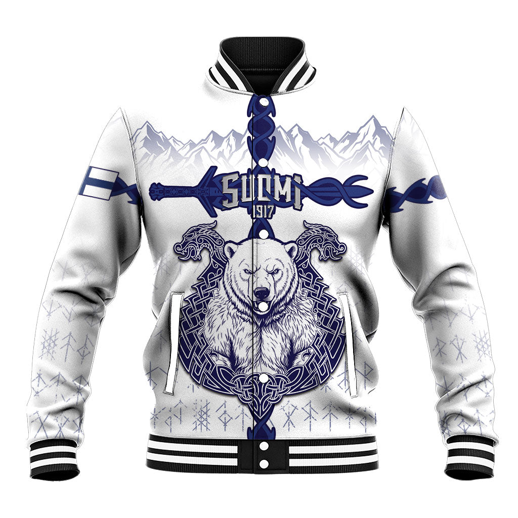 Personalized Finland Independence Day Baseball Jacket Suomi 1917 Nordic Bear Sword Knotwork