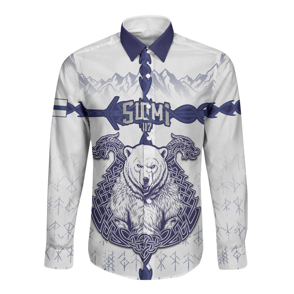 Personalized Finland Independence Day Long Sleeve Button Shirt Suomi 1917 Nordic Bear Sword Knotwork