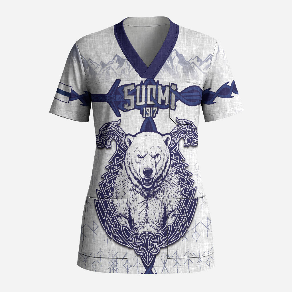 Personalized Finland Independence Day Scrub Top Suomi 1917 Nordic Bear Sword Knotwork