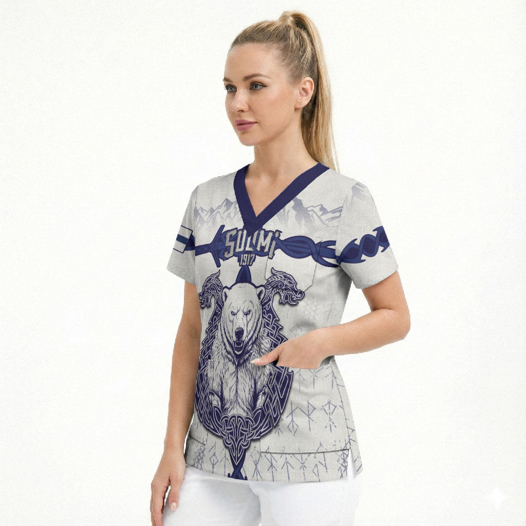 Personalized Finland Independence Day Scrub Top Suomi 1917 Nordic Bear Sword Knotwork