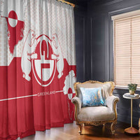 Red and white coat-of-arms window curtain panels with Greenland map motif