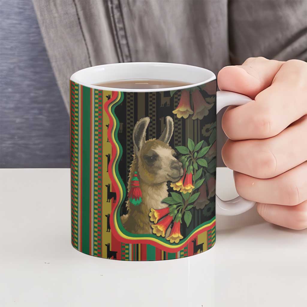 Bolivia Ceramic Mug The Llama With Kantuta Over Andean Patterns - Wonder Print Shop