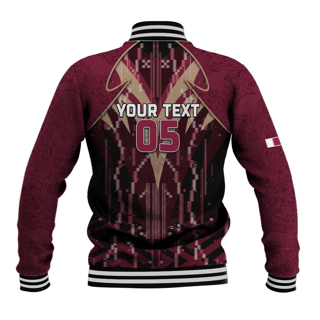 Custom Qatar Football Baseball Jacket Glitch Style Falcon With Arabic Patterns