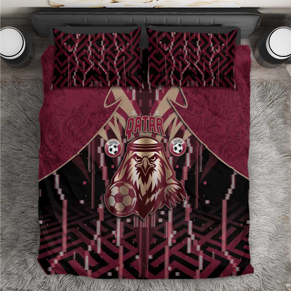 Qatar Football Bedding Set Glitch Style Falcon With Arabic Patterns