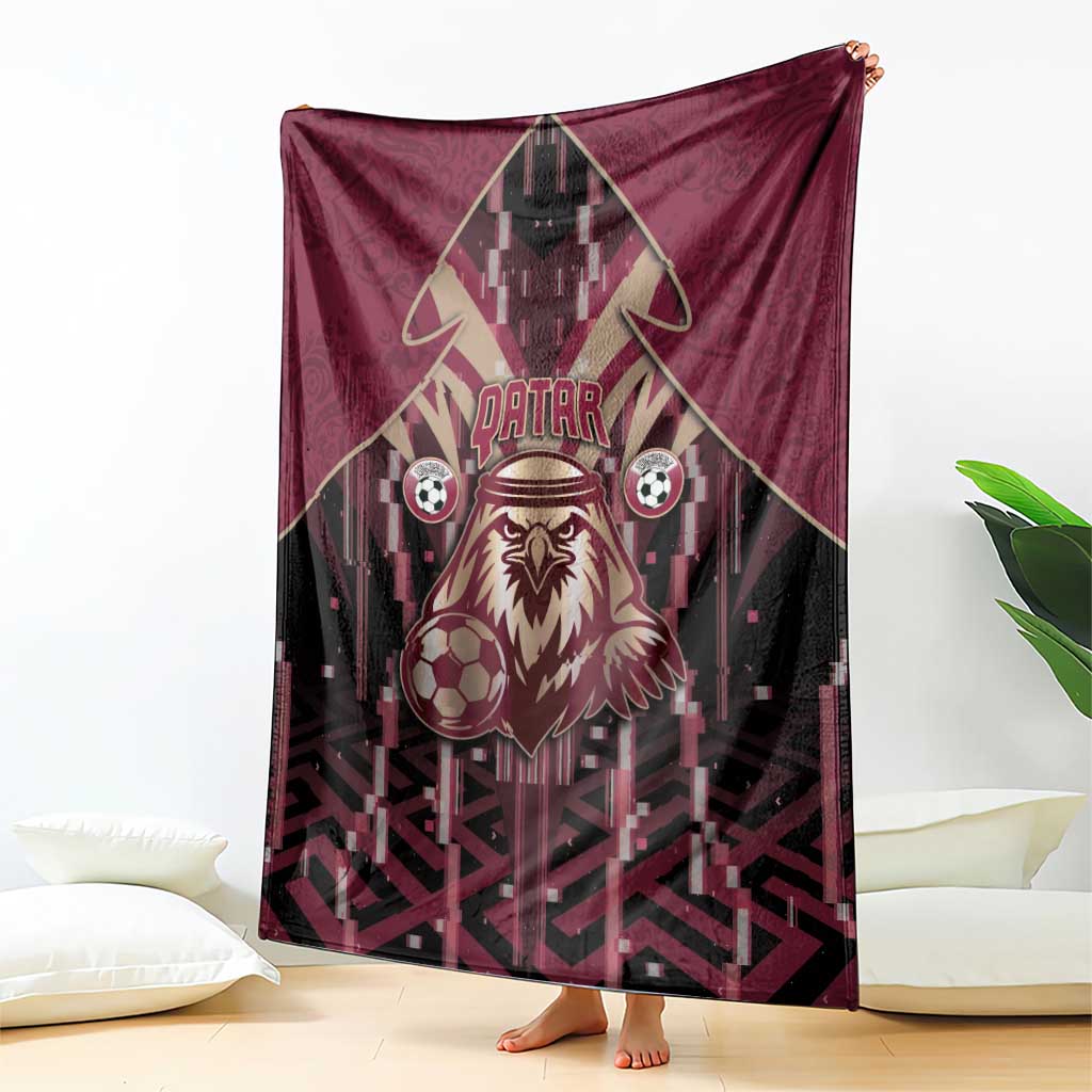 Qatar Football Blanket Glitch Style Falcon With Arabic Patterns