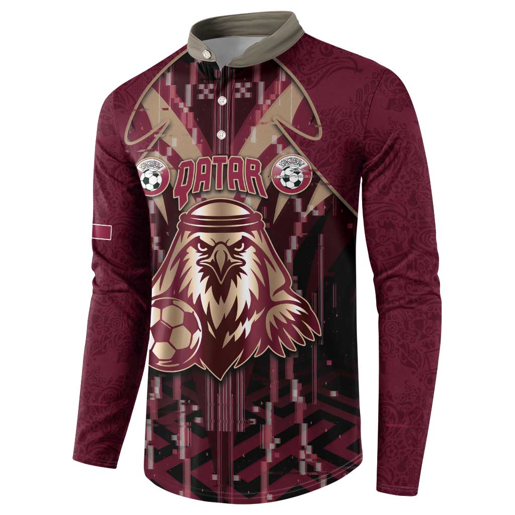 Custom Qatar Football Button Sweatshirt Glitch Style Falcon With Arabic Patterns