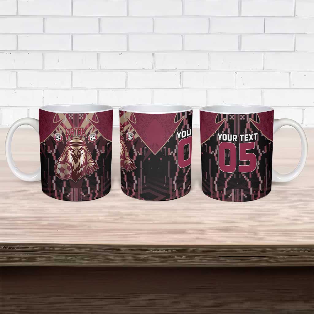 Custom Qatar Football Ceramic Mug Glitch Style Falcon With Arabic Patterns