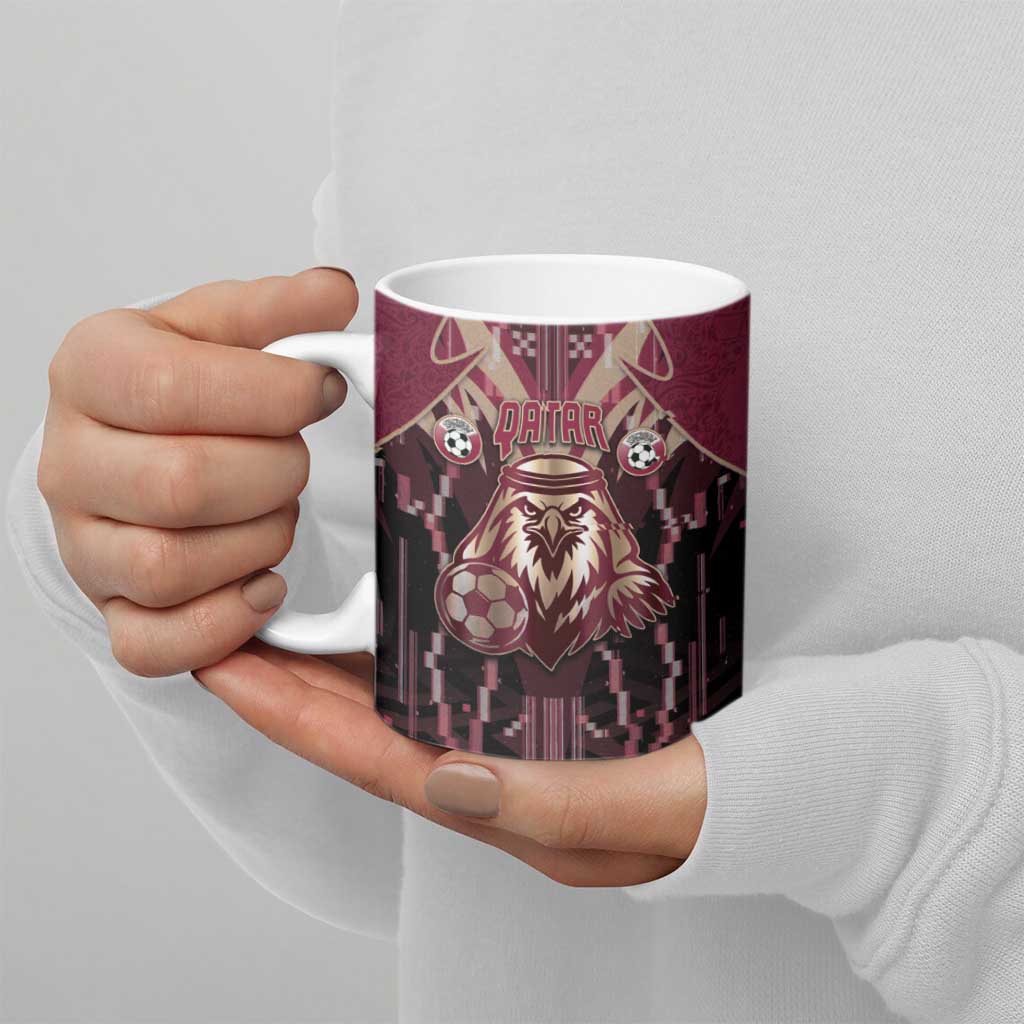 Custom Qatar Football Ceramic Mug Glitch Style Falcon With Arabic Patterns