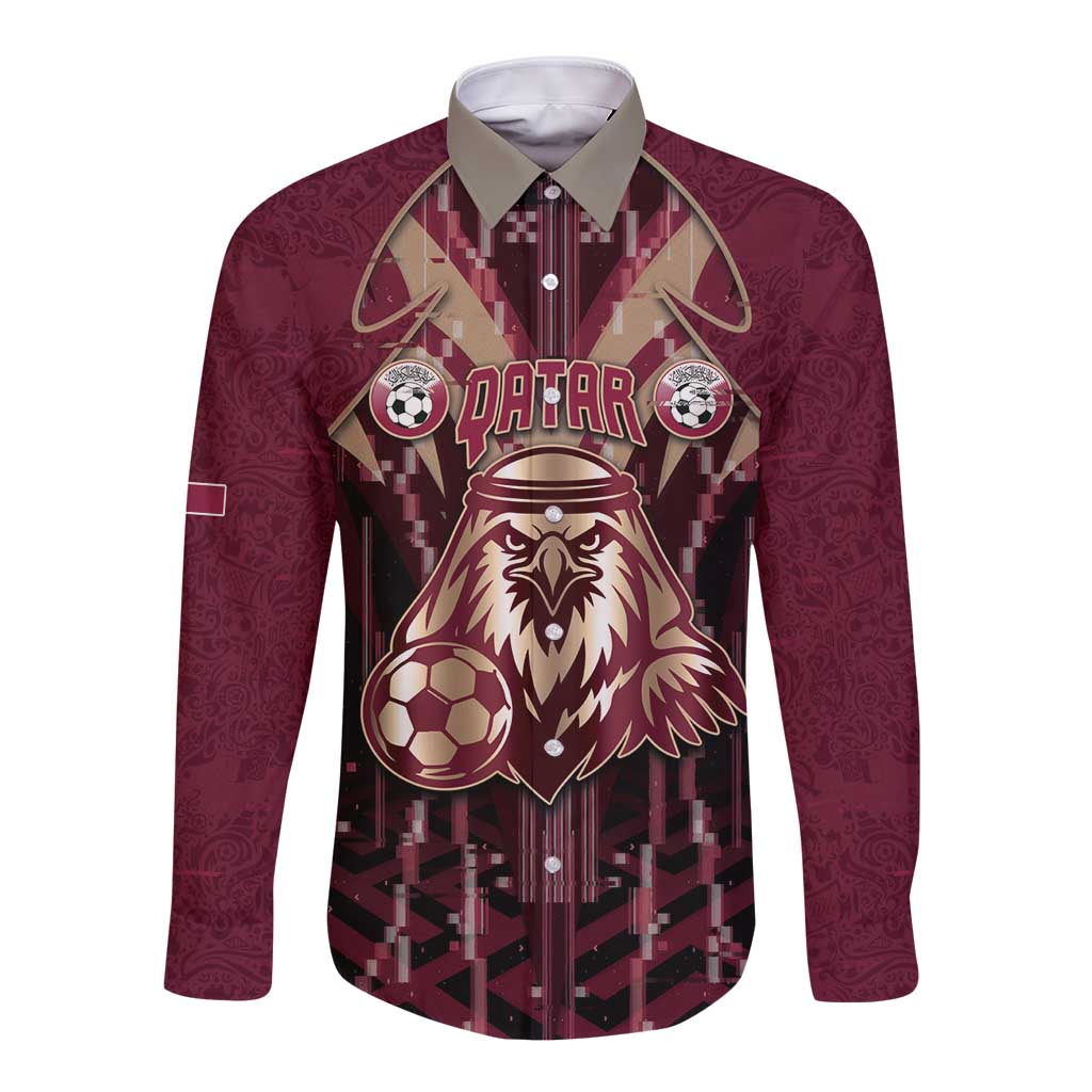 Custom Qatar Football Long Sleeve Button Shirt Glitch Style Falcon With Arabic Patterns