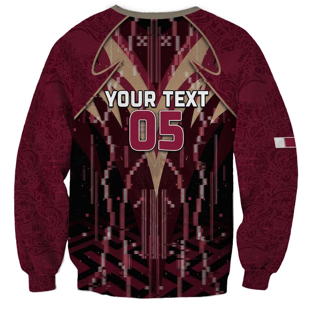 Custom Qatar Football Sweatshirt Glitch Style Falcon With Arabic Patterns