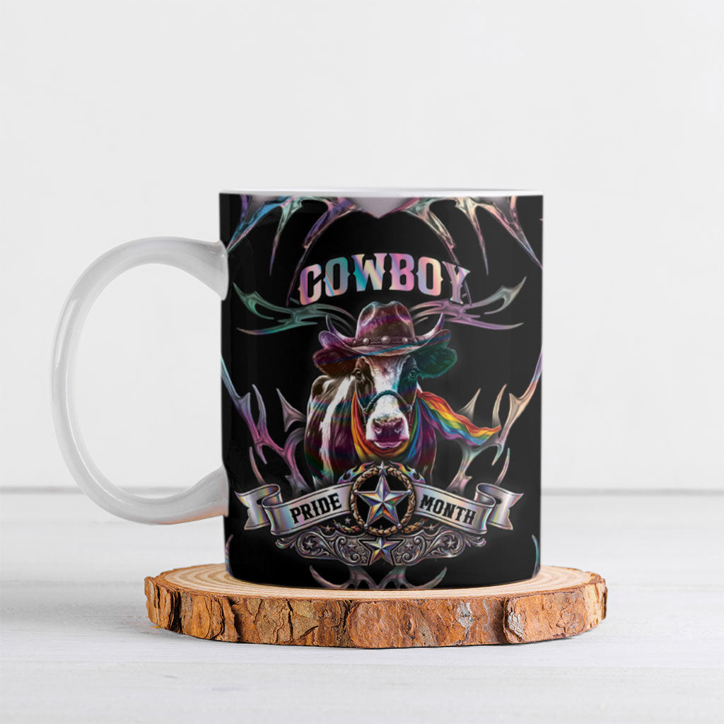 Cowboy Pride Month Sounds Gay Im in Ceramic Mug Y2K Tribal Chrome With Rainbow Scarf Cow