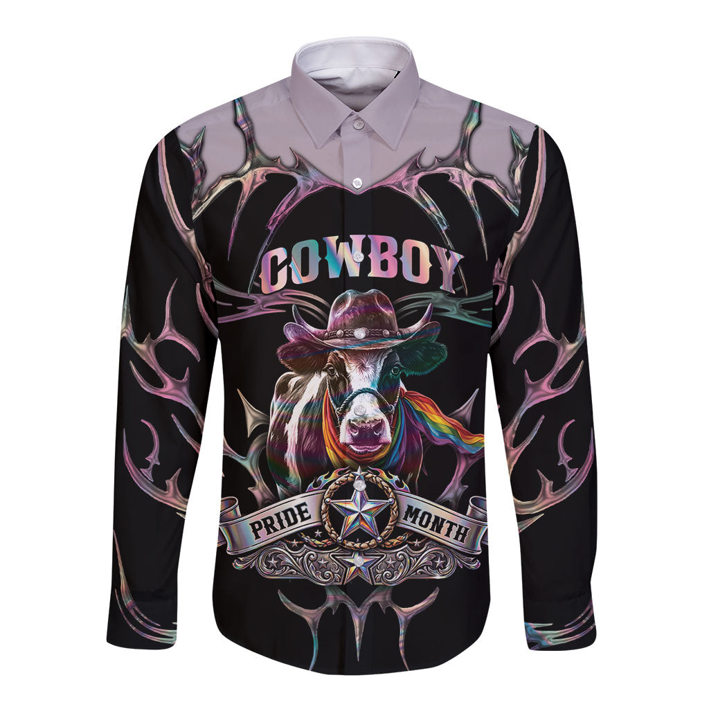 Cowboy Pride Month Sounds Gay Im in Long Sleeve Button Shirt Y2K Tribal Chrome With Rainbow Scarf Cow