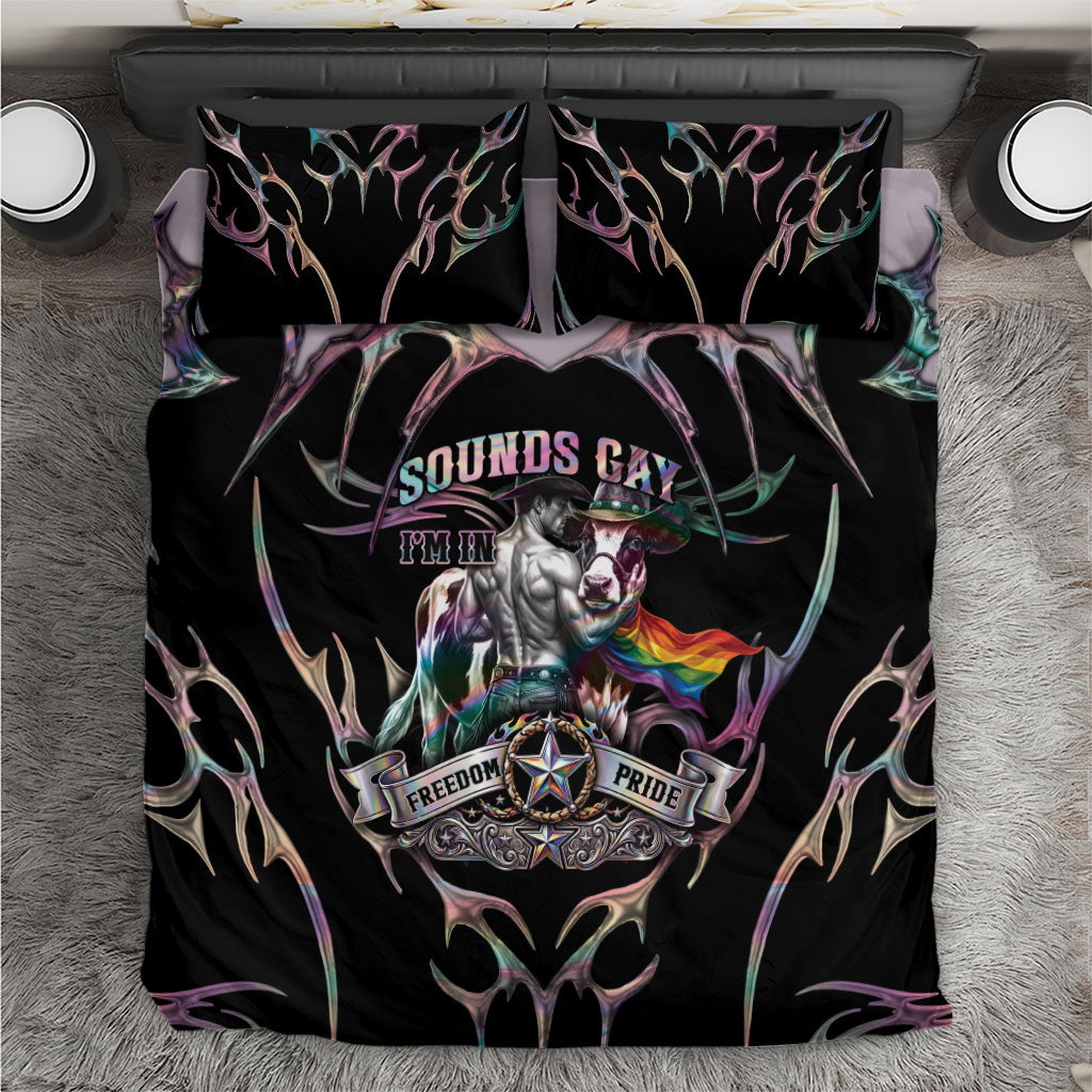 Cowboy Pride Month Sounds Gay Im in Bedding Set Y2K Tribal Chrome With Rainbow Scarf Cow Version 2