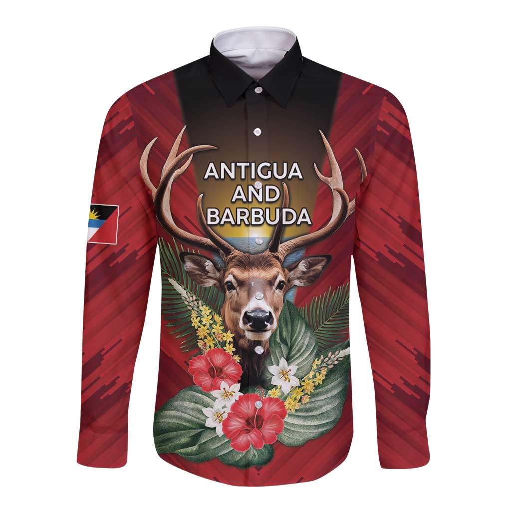 Personalized Antigua and Barbuda Long Sleeve Button Shirt Tropical Flowers Stag Deer - Wonder Print Shop