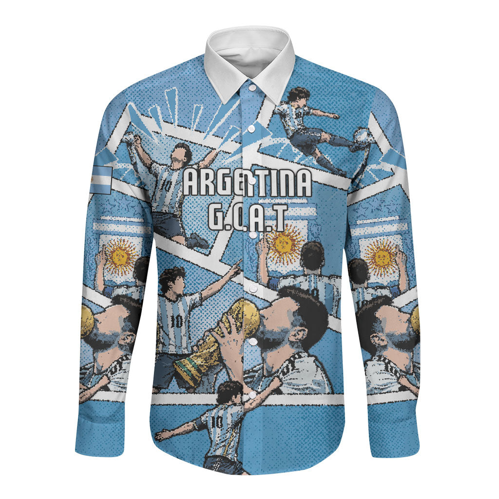 Custom Argentina Football Long Sleeve Button Shirt Goat Comic Style Sun Of May