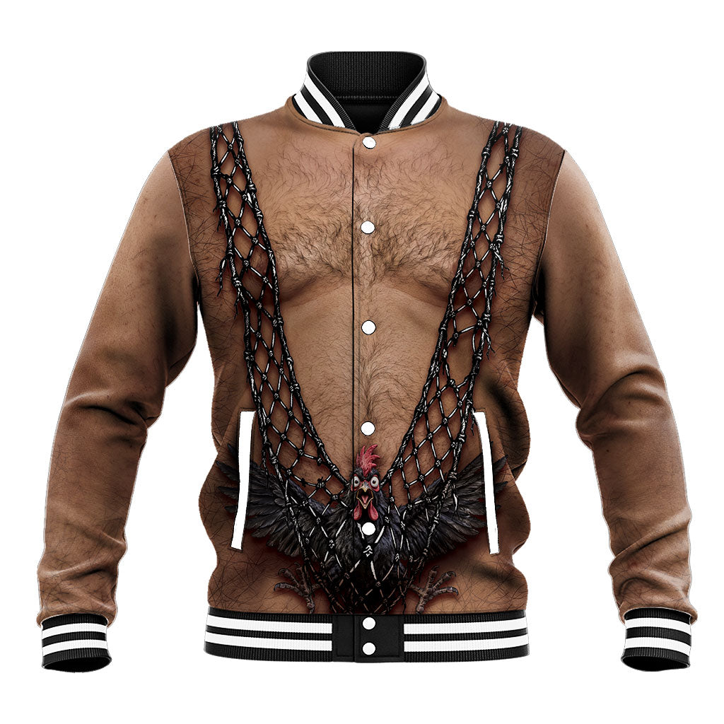Hairy Chest 3D Funny Graphic Baseball Jacket Rooster Fishnet Suspenders