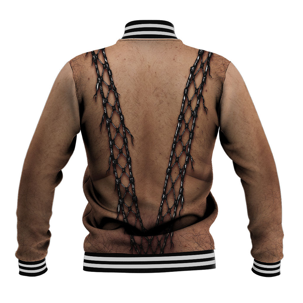 Hairy Chest 3D Funny Graphic Baseball Jacket Rooster Fishnet Suspenders