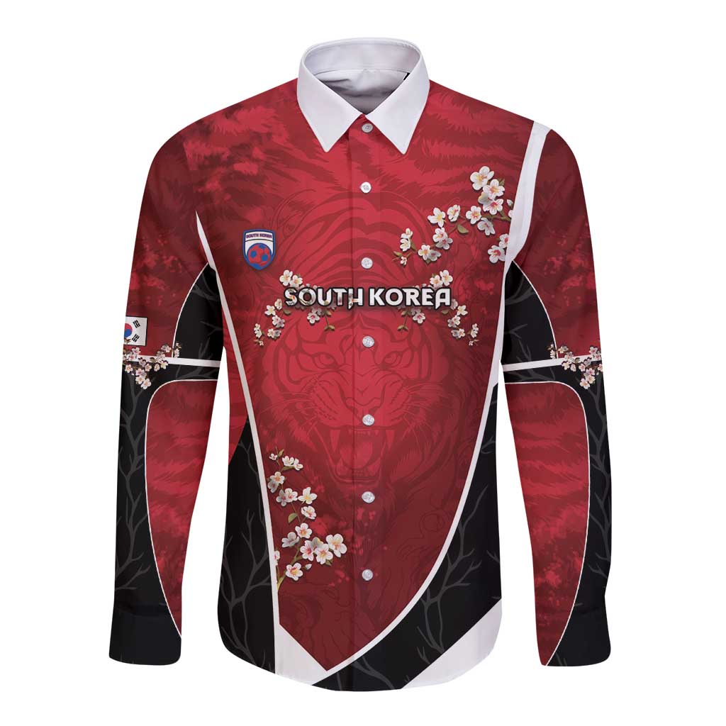 Custom South Korea Football Long Sleeve Button Shirt Tiger Mugunghwa Flower Minimal Style