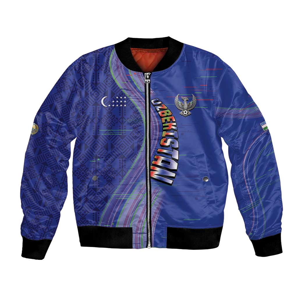 Custom Uzbekistan Football Bomber Jacket Modern Glitch Art Style Huma Bird