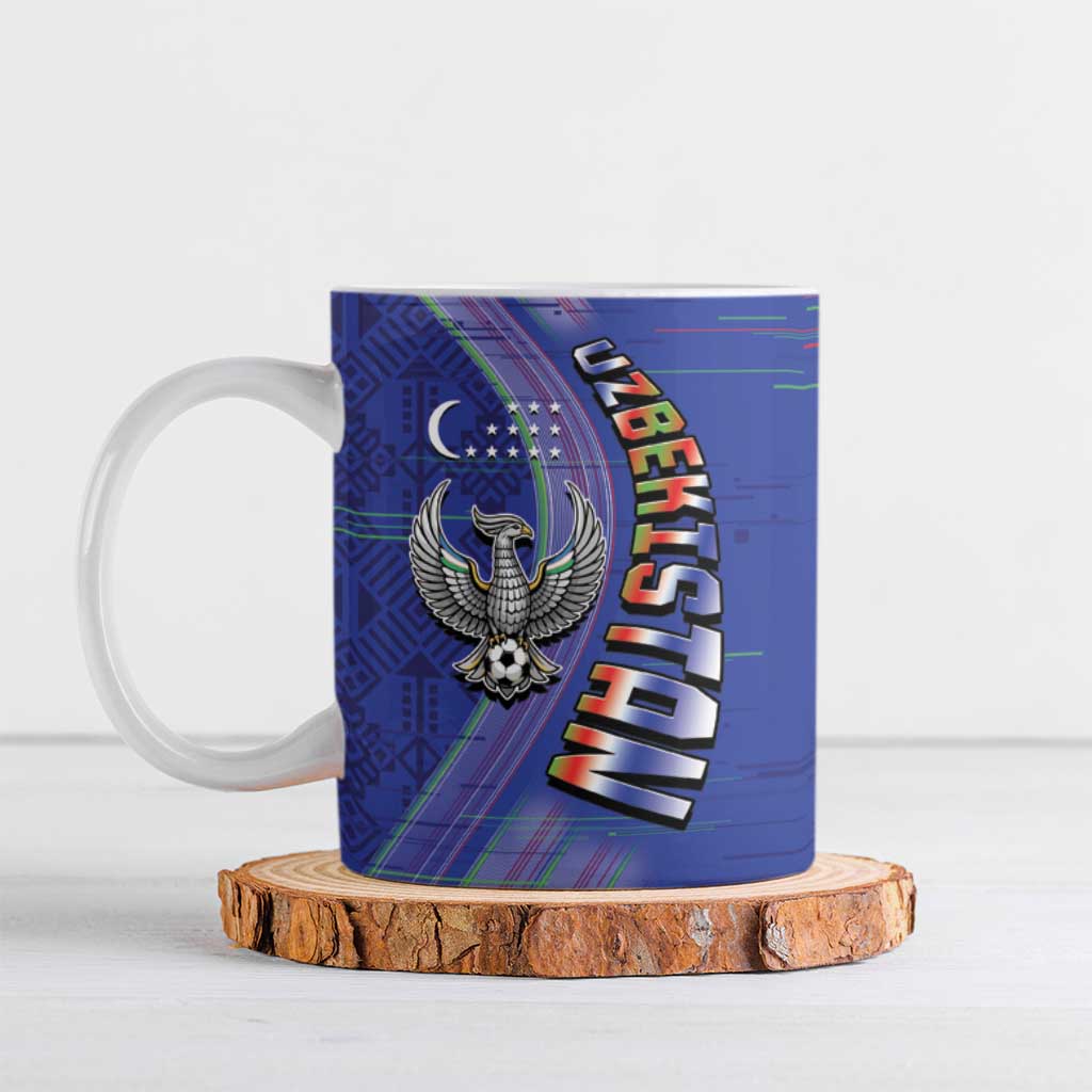 Custom Uzbekistan Football Ceramic Mug Modern Glitch Art Style Huma Bird