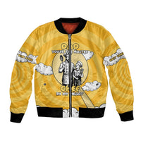 Yellow unisex bomber jacket with black ribbed trim and chef graphic front