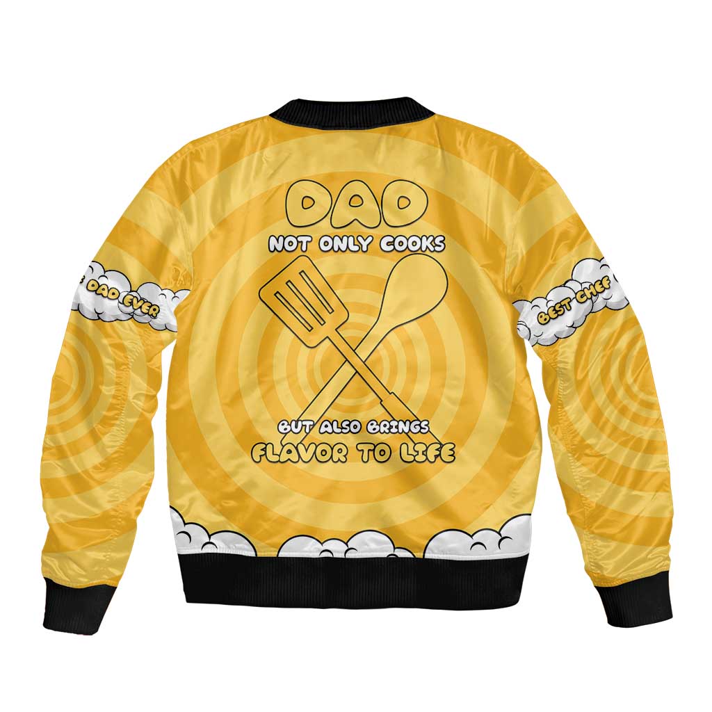 Yellow unisex bomber jacket with black ribbed hem and chef graphic back