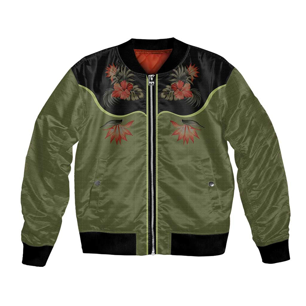 Western Yoke Bomber Jacket Tropical Hibiscus Cowboy Style - Wonder Print Shop