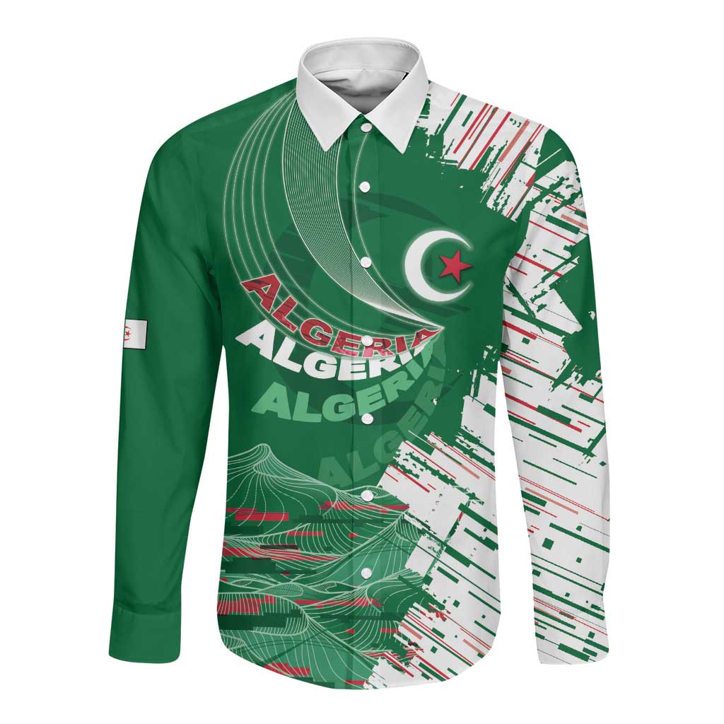 Custom Algeria Football Long Sleeve Button Shirt Glitch Effect Desert Lines And Star Crescent