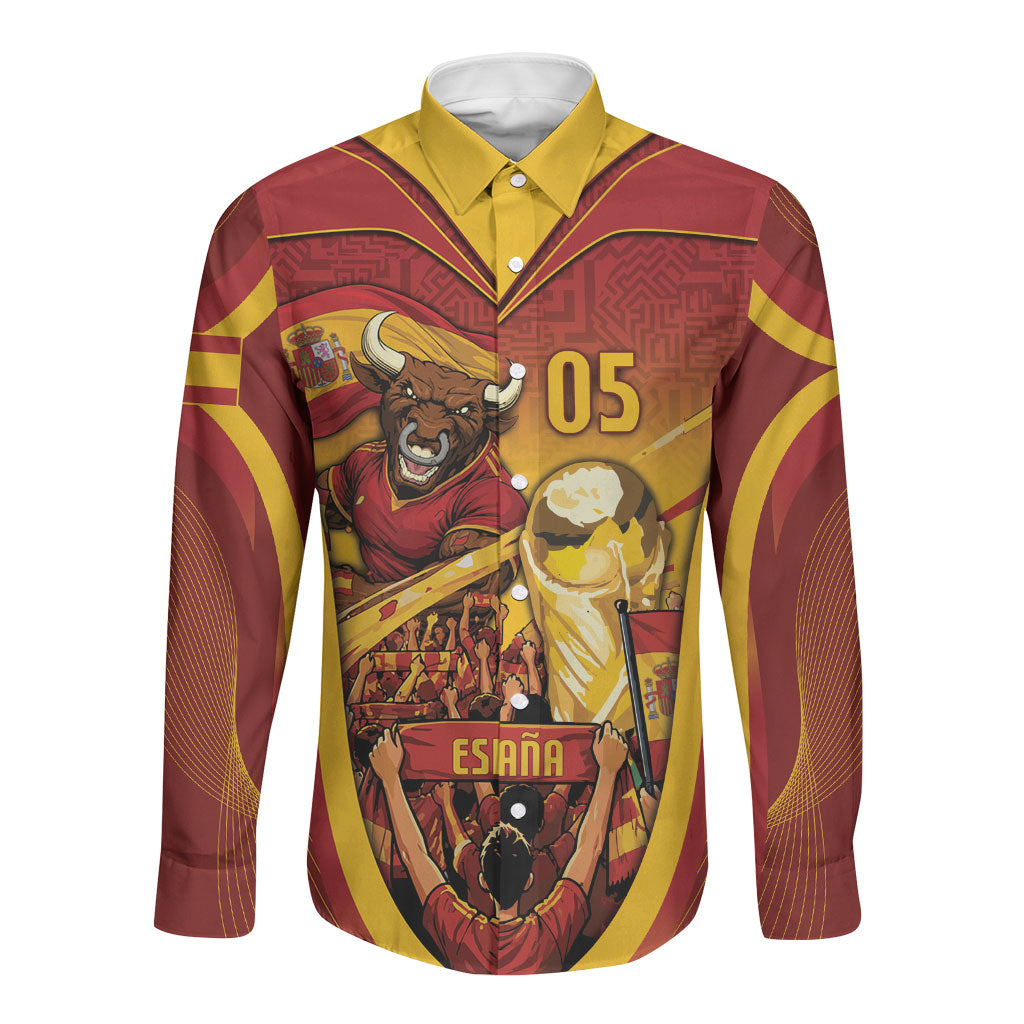 Custom Spain Football Long Sleeve Button Shirt Raging Bull Golden Trophy Fans Banner