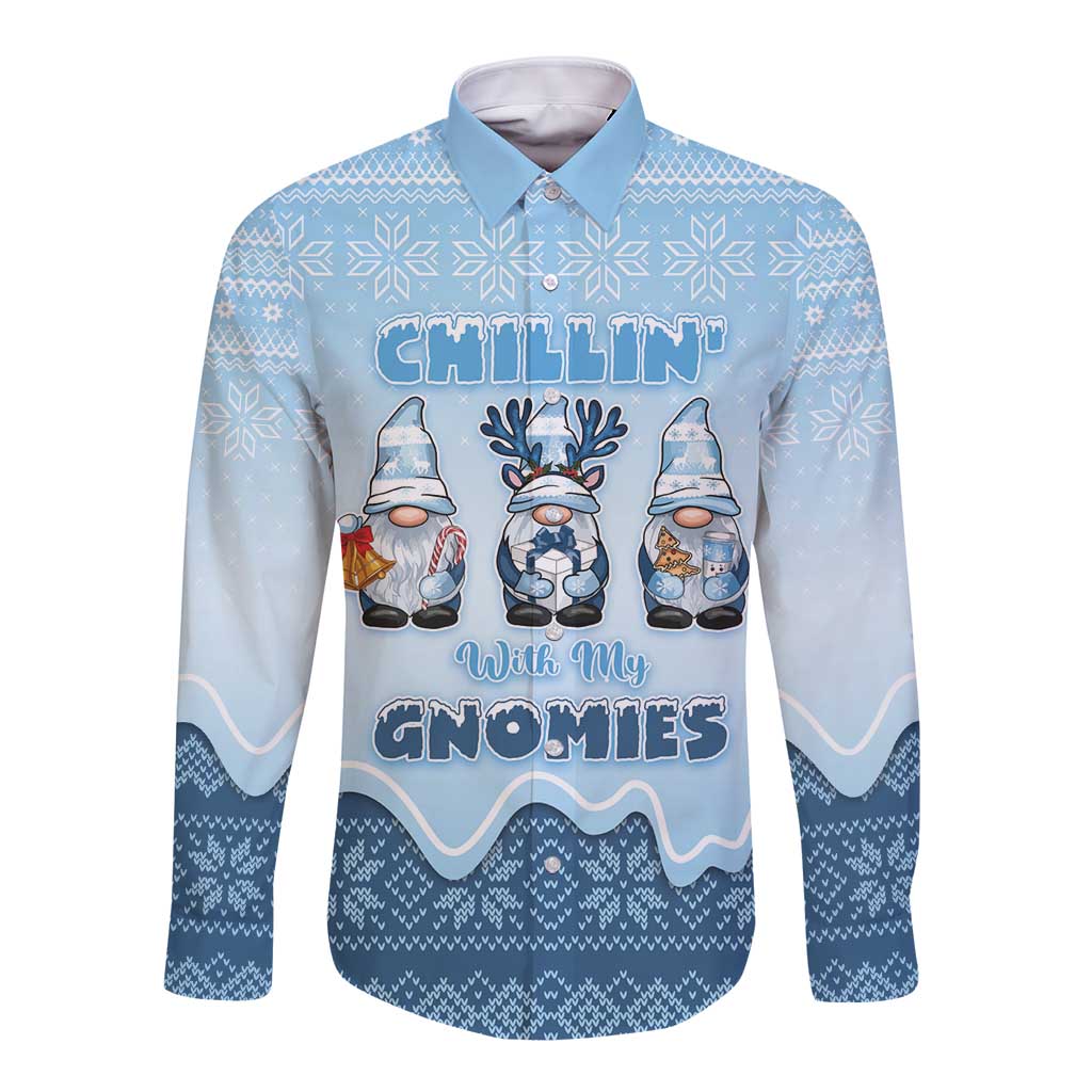 Chillin With My Gnomies Long Sleeve Button Shirt Merry Christmas - Wonder Print Shop