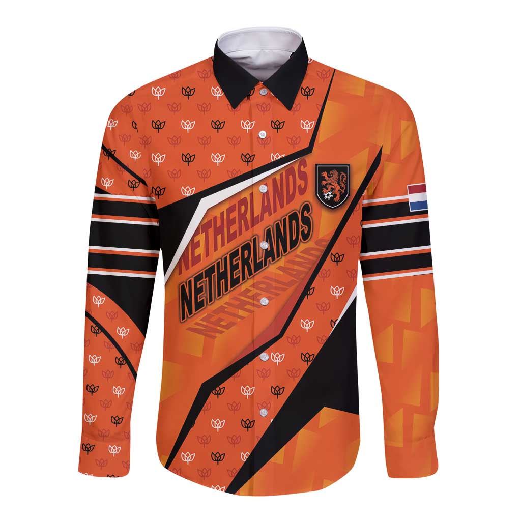 Custom Netherlands Football Long Sleeve Button Shirt Dynamic Diagonal Stripe With Tulip Floral Patterns
