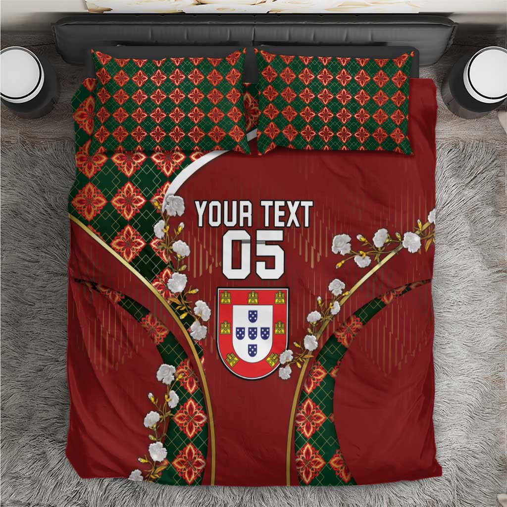 Custom Portugal Football Bedding Set Floral Gold Carnation Crest Pattern Gold Accents