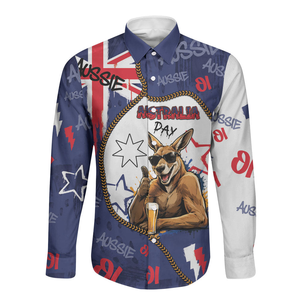 Australia Flag Day Long Sleeve Button Shirt Cool Kangaroo Beer Aussie Aussie Oi Oi