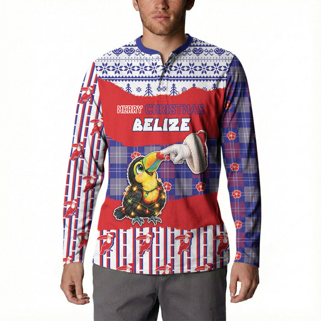 Personalized Belize Christmas Button Sweatshirt Cute Toucan Santa Hand Fairy Lights Plaid