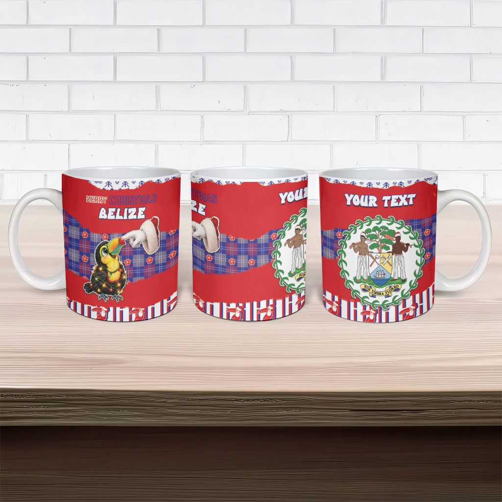 Personalized Belize Christmas Ceramic Mug Cute Toucan Santa Hand Fairy Lights Plaid