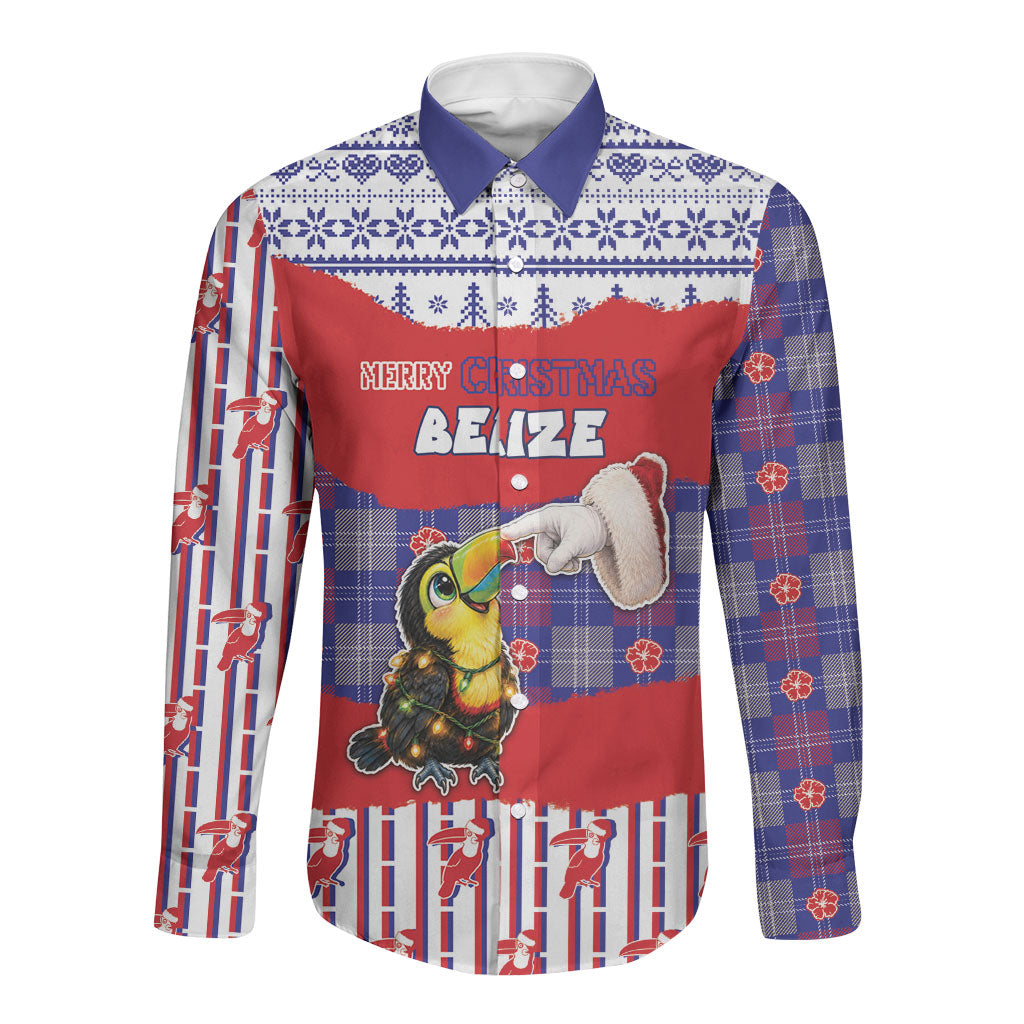 Personalized Belize Christmas Long Sleeve Button Shirt Cute Toucan Santa Hand Fairy Lights Plaid
