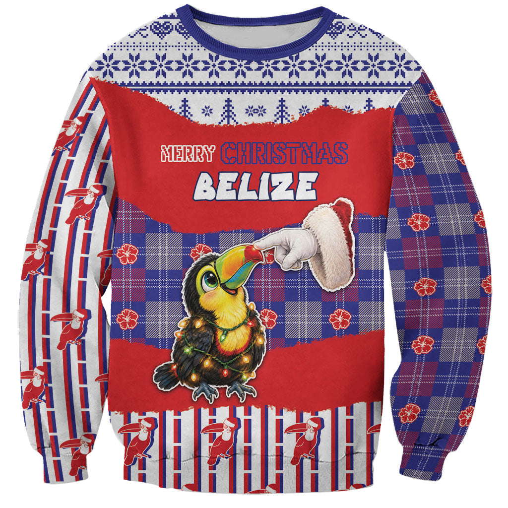 Personalized Belize Christmas Sweatshirt Cute Toucan Santa Hand Fairy Lights Plaid