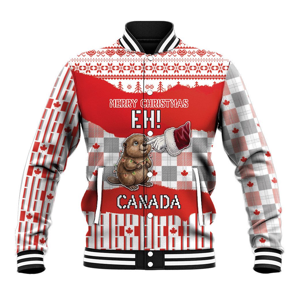 Personalized Canada Christmas Baseball Jacket Cute Baby Beaver Santa Hand Fairy Lights Plaid