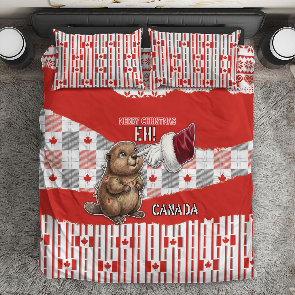 Canada Christmas Bedding Set Cute Baby Beaver Santa Hand Fairy Lights Plaid