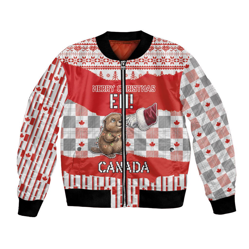 Personalized Canada Christmas Bomber Jacket Cute Baby Beaver Santa Hand Fairy Lights Plaid