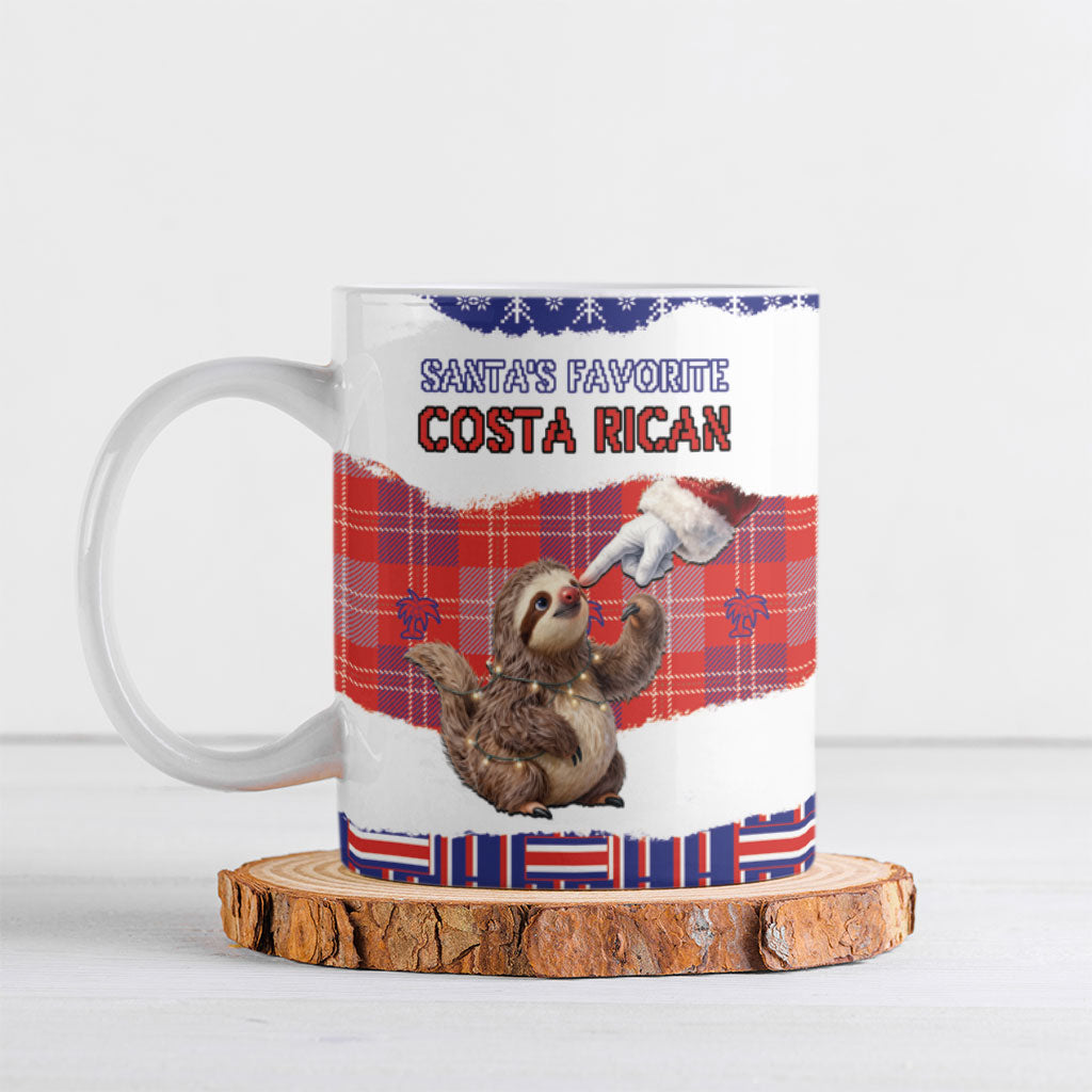 Personalized Costa Rica Christmas Ceramic Mug Cute Baby Sloth Santa Hand Fairy Lights Plaid