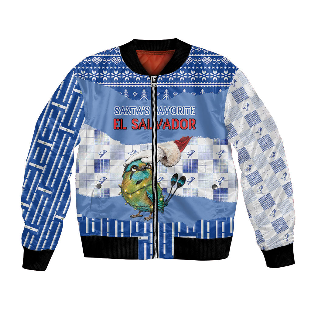 Personalized El Salvador Christmas Bomber Jacket Cute Torogoz Bird Santa Hand Fairy Lights Plaid