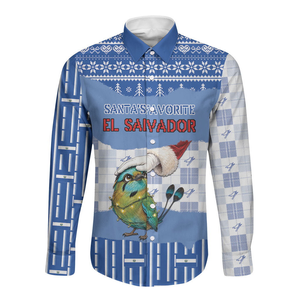 Personalized El Salvador Christmas Long Sleeve Button Shirt Cute Torogoz Bird Santa Hand Fairy Lights Plaid