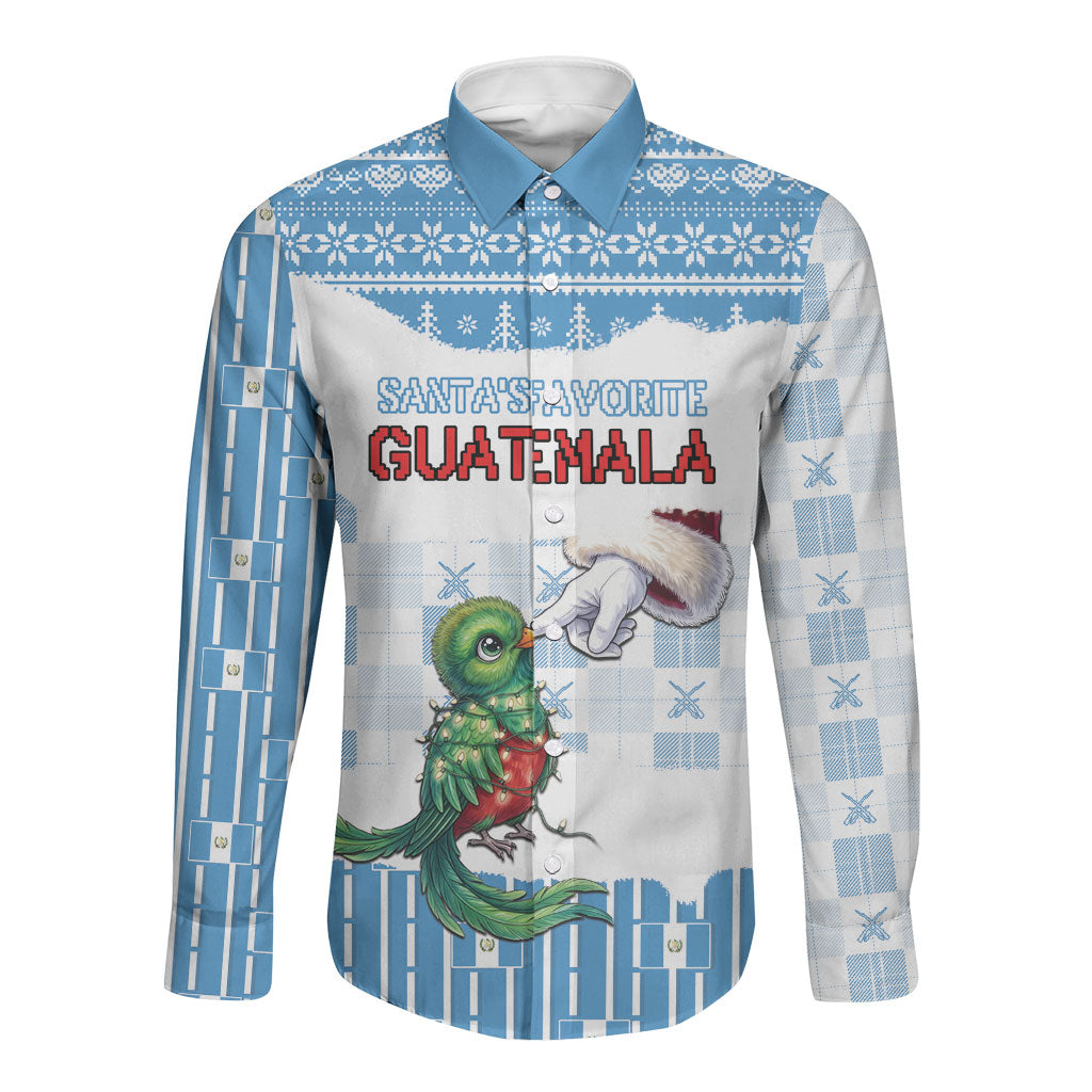 Personalized Guatemala Christmas Long Sleeve Button Shirt Cute Quetzal Bird Santa Hand Fairy Lights Plaid