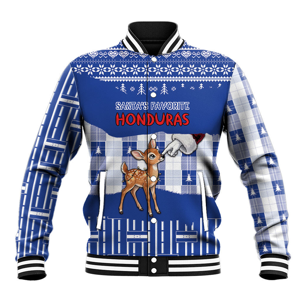Personalized Honduras Christmas Baseball Jacket Cute Baby Fawn Santa Hand Fairy Lights Plaid