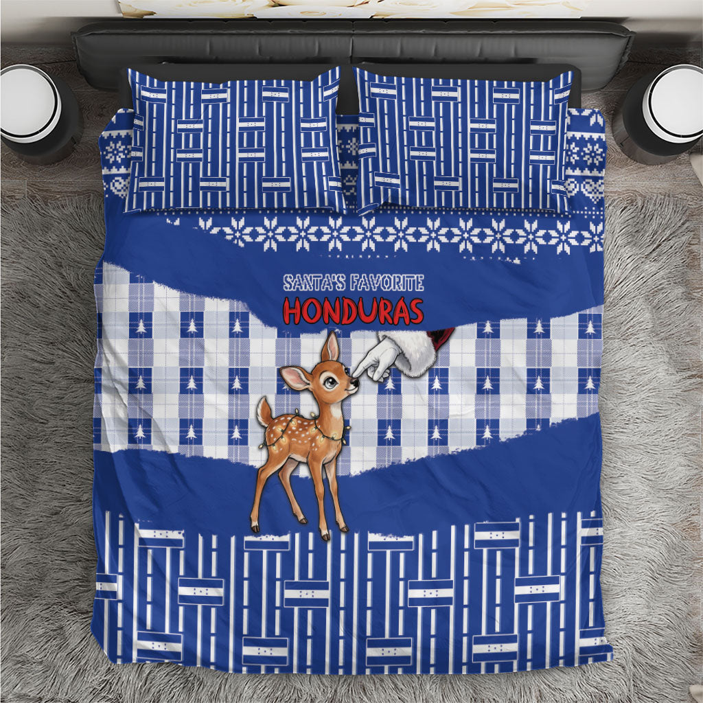 Honduras Christmas Bedding Set Cute Baby Fawn Santa Hand Fairy Lights Plaid