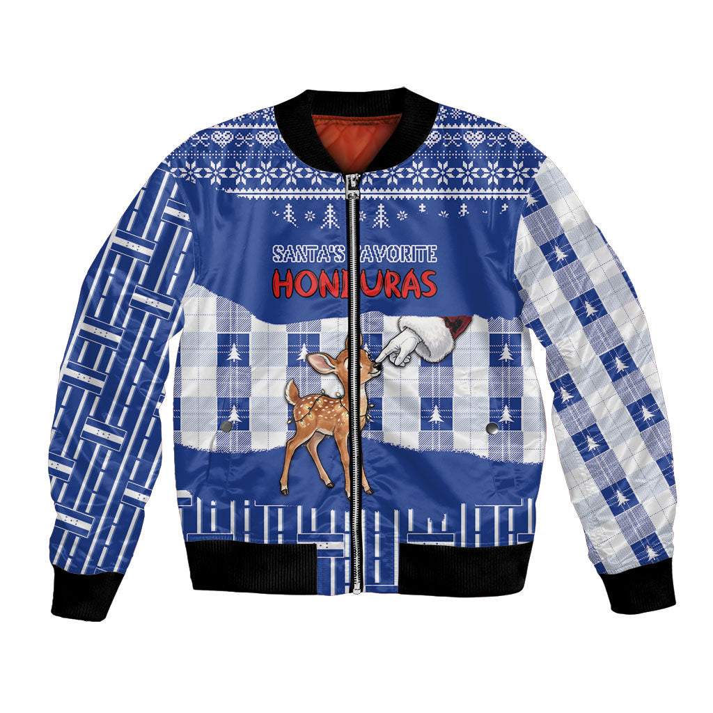 Personalized Honduras Christmas Bomber Jacket Cute Baby Fawn Santa Hand Fairy Lights Plaid