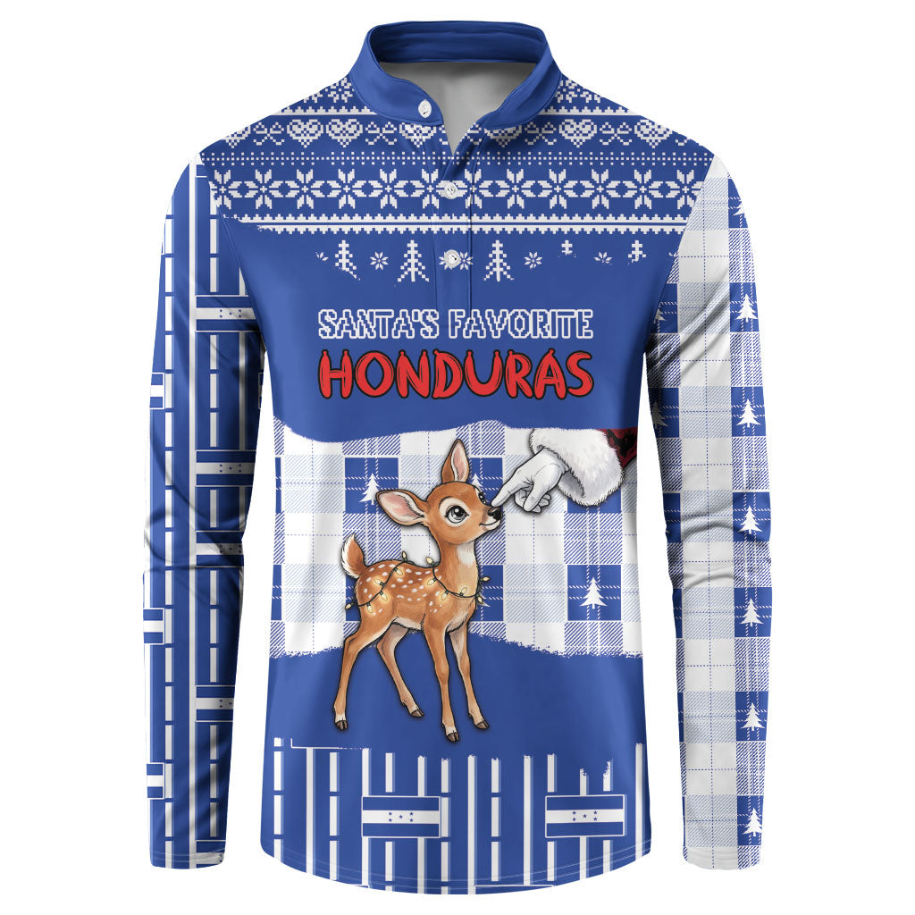 Personalized Honduras Christmas Button Sweatshirt Cute Baby Fawn Santa Hand Fairy Lights Plaid